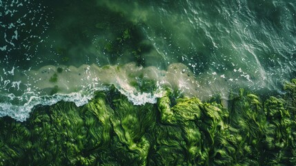 Fototapeta premium Coastal Beauty: Aerial Photography of Green Algae on a Beach