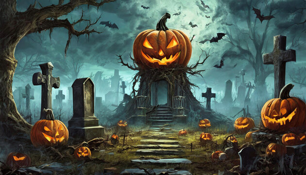 Pumpkin graveyard cemetery, thick fog with old tombstones, illustration.