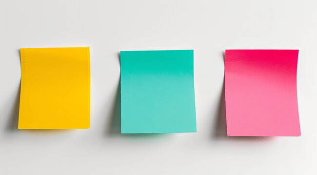 Three colourful post-it sticky notes are hanging on a white wall
