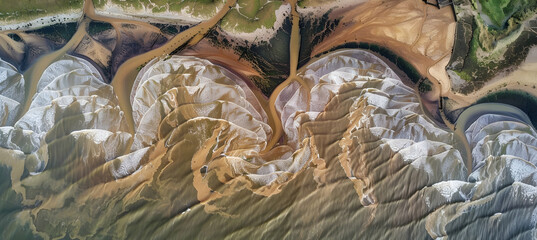 Dynamic estuary scene with strong tidal currents creating swirling patterns in the water, captured from an overhead perspective
