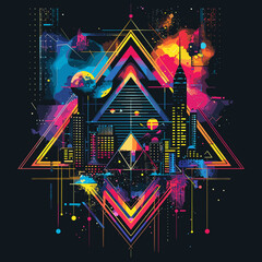 Abstract colorful background with buildings, skyscrapers, geometric elements. Vector illustration.