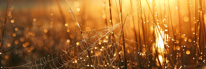 Early morning dew on spider webs among wetland reeds, with the rising sun casting golden light...