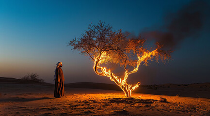 Moses looking at the burning bush. Bible stories and miracles, god manifestation, .
