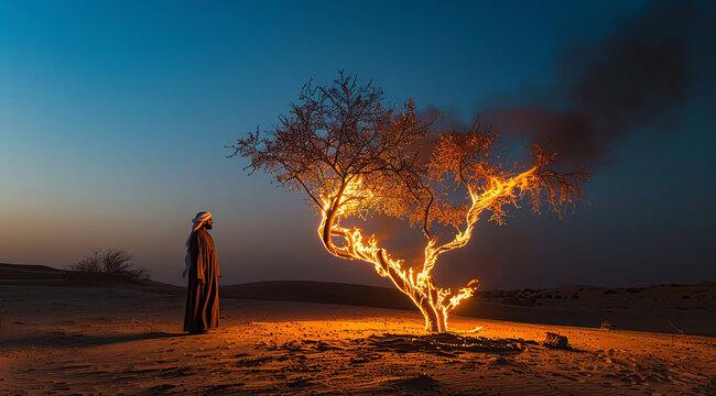 Moses looking at the burning bush. Bible stories and miracles, god manifestation, .