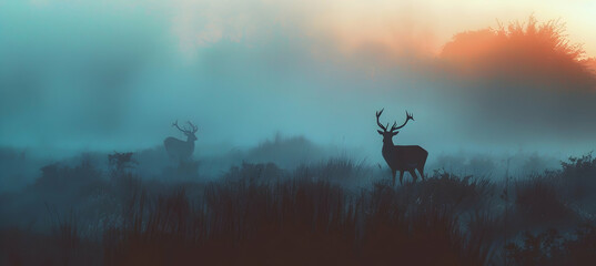 Early morning fog settling over a grassland, with the silhouette of grazing deer barely visible through the mist