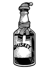 Whisky whiskey bottle in hat and scarf sketch engraving PNG illustration. Tee shirt apparel print design. Scratch board style imitation. Black and white hand drawn image.