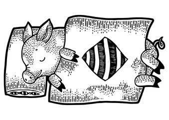 Cartoon funny sleeping piggy sketch engraving PNG illustration. T-shirt apparel print design. Scratch board style imitation. Black and white hand drawn image. © Oleksandr Pokusai