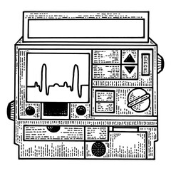 Fototapeta premium Defibrillator heart cardiac medical electronic device sketch engraving PNG illustration. Medical technology. Scratch board style imitation. Black and white hand drawn image.