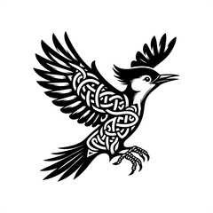 Woodpecker silhouette in animal celtic knot, irish, nordic illustration