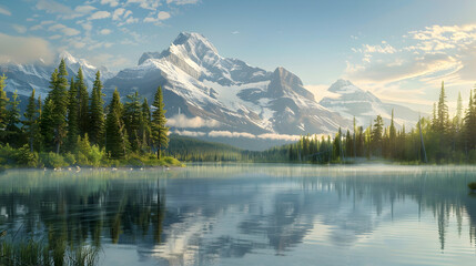 Early morning light gently illuminates a snow-capped mountain range, with a crystal-clear lake in the foreground reflecting the majestic peaks