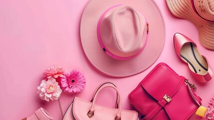 There are two pink shoes, one yellow shoe, one green purse, and one yellow hat on a pink background.

