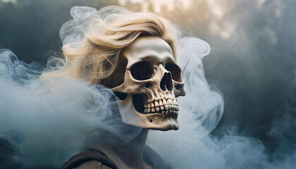Skull enveloped in smoke, stop smoking concept.