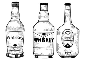 Whiskey bottles flasks sketch engraving PNG illustration. T-shirt apparel print design. Scratch board style imitation. Black and white hand drawn image.