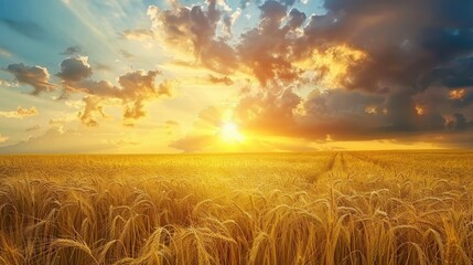 Wheat field with stunning cloudy sky - obrazy, fototapety, plakaty