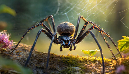 Big black widow spider waiting for prey.