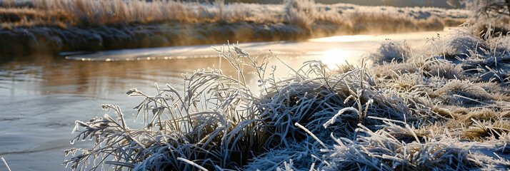 Early morning on a frost-covered riverbank, the grass and leaves encased in ice, with the river quietly flowing in the background