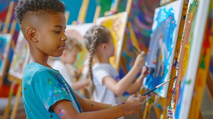 Young artists painting on easels in bright art class. Children's creativity in focus. Easel painting by talented kids, artistic environment. AI