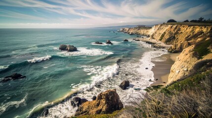 Fototapeta premium the waves crashing on the shore and the impressive coastal cliffs. generative ai