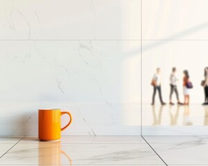 Bright Morning in Modern Kitchen with Marble Wall and Coffee Mug - People in Motion Blur