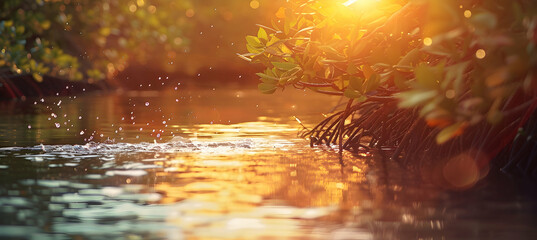 Golden hour lighting casting warm hues over a peaceful mangrove creek, highlighting the gentle...