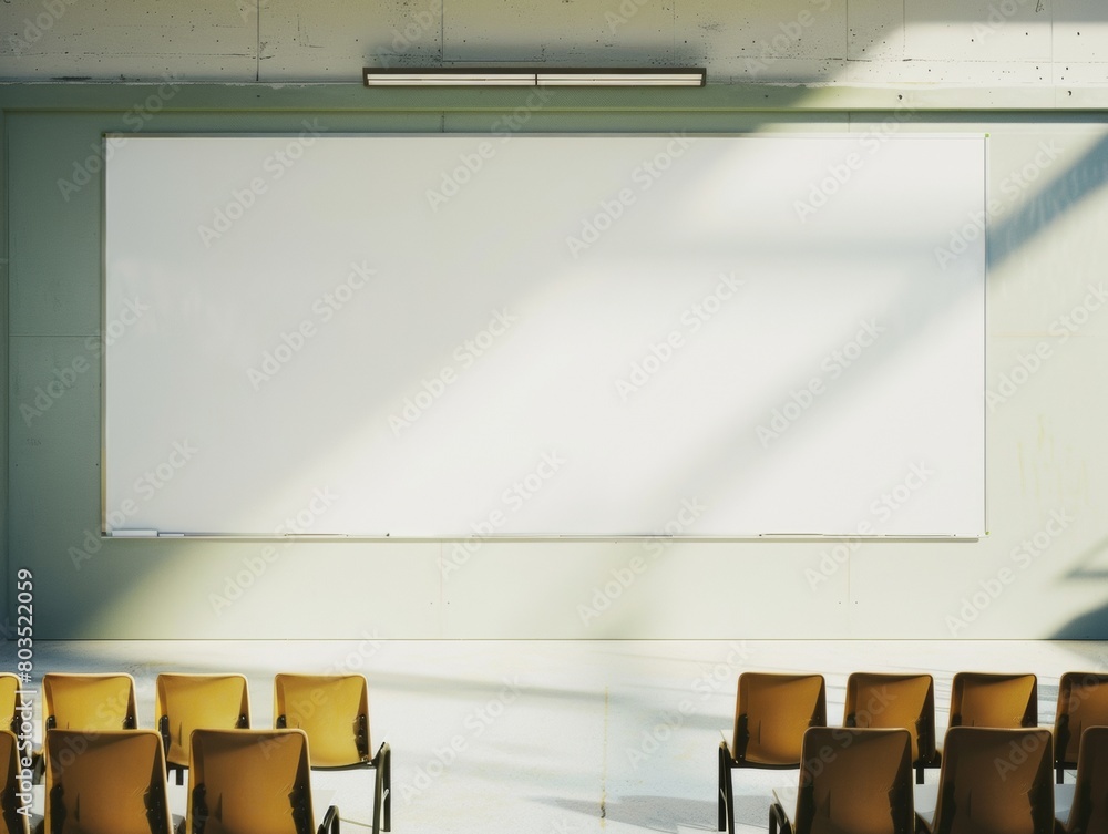 Poster bright and modern classroom environment with empty whiteboard and subtle digital shadows