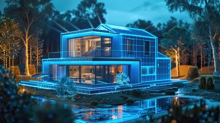 A glowing blue and pink wireframe model of a house.


