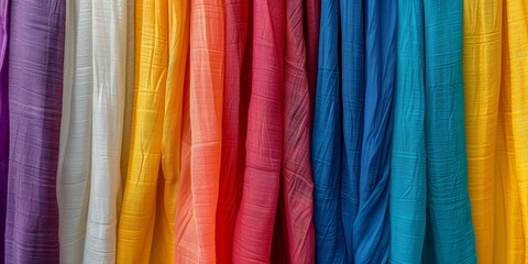 Vibrant array of colorful silk fabrics hanging in gradient formation from light to dark, reflecting cultural richness and textile variety.