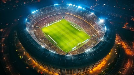 Vibrant aerial view of crowded stadium lit for night football game, glowing with excitement under city lights during major sports event.
