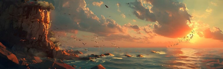 High cliffs overlooking a serene ocean, with a flock of birds soaring in the sky above and the sun setting on the horizon - Powered by Adobe
