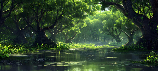 Lush mangrove forest under the bright midday sun, with the light filtering through dense leaves and casting shadows on the water pathways below