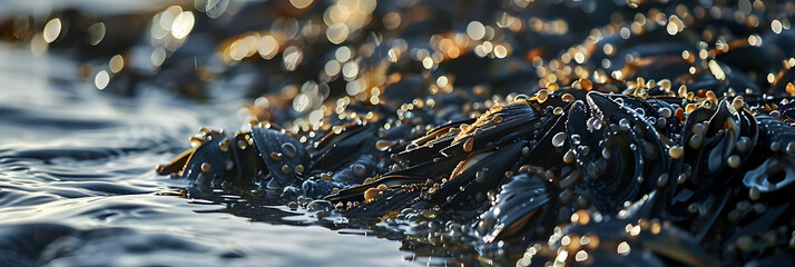 Macro shot of a tide pool focusing on a cluster of mussels and barnacles, with droplets of water sparkling in the sunlight