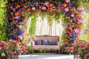 decoration for wedding. wedding ceremonies decoration. wedding hall decoration. elegant wedding stage with flowers. wedding stage decoration gold theme. Luxury wedding stage decoration.