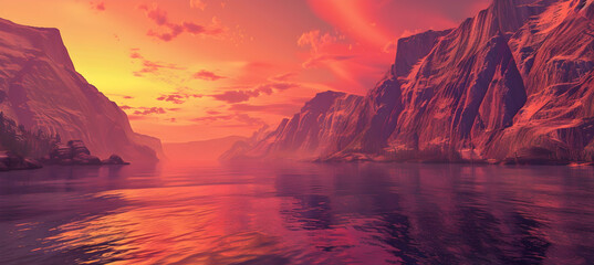 Majestic sunset over a fjord, with vibrant orange and pink skies illuminating the steep rock faces...