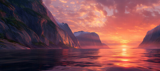Majestic sunset over a fjord, with vibrant orange and pink skies illuminating the steep rock faces...