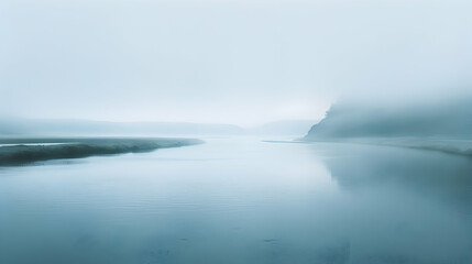 Fototapeta premium Misty morning at a river estuary, with fog hovering over calm waters and distant hills partially visible