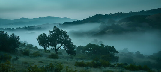 Misty morning in the chaparral, with the fog weaving through the hills and valleys, creating a mysterious and ethereal atmosphere, photographed using a high ISO setting for low light capture