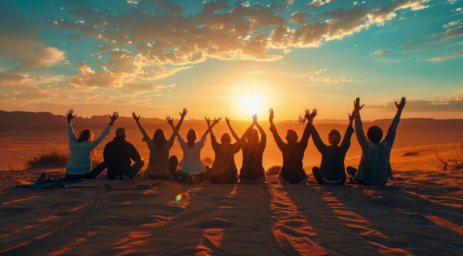 Kneeling people praying to god and Jesus in the desert. Scenic dramatic sunset