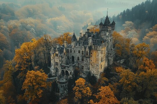 Aerial shot of a medieval castle surrounded by autumn forests, capturing historical grandeur and natural beauty, ideal for travel documentaries, historical fiction settings.