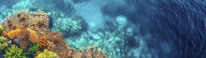 Aerial view of a coral reef teeming with marine life, showcasing vibrant colors and textures, perfect for marine biology textbooks, environmental documentaries, and travel marketing.