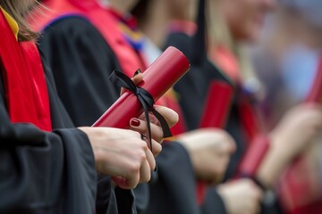 Close up of graduates hands holding diplomas during graduation ceremony. Selective focus.