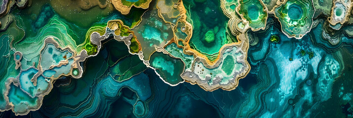 Overhead shot of a series of interconnected tide pools, with a gradient of blue to green water, teeming with life
