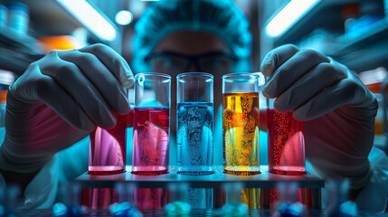 Scientist Holding Rack of Colored Liquids in Lab Coat With Focus on Their Hands in the Foreground