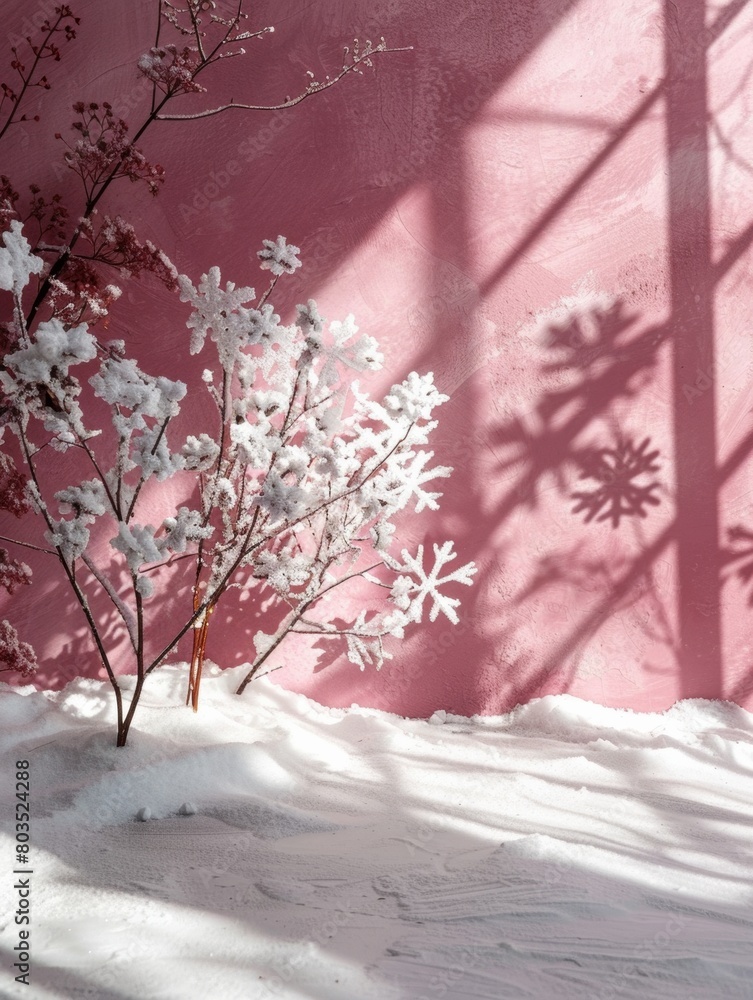 Poster Christmas Aesthetic with Boho-Style Pink Wall and Snowflake Shadows in a Minimalist Setting