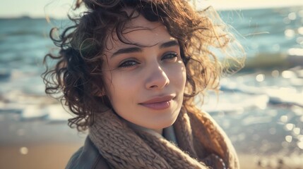 Portrait of a beautiful curly woman on the beach in cold sunny weather. Spring time.Travel, weekend, relax and lifestyle concept