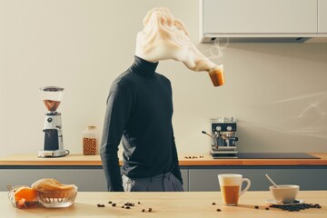 Surreal Morning Coffee Ritual with Elegant Middle-Aged Man in Minimalist Kitchen - Powered by Adobe