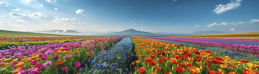 Capturing the vibrant beauty of a blooming flower farm from above, ideal for agricultural tech firms, botany publications, and gardening manuals.