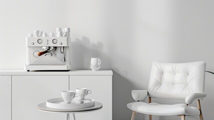 Serene Modern Kitchen with Sleek White Espresso Machine and Minimalist Décor