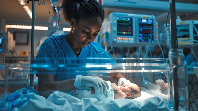 Neonatal Nurse Tending to a Newborn in Incubator, Health Care Professional at Work in NICU. Subject is Unrecognizable. AI