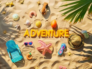 Vibrant Beachfront "ADVENTURE" Layout with Colorful Vacation Accessories in Bright Sunshine