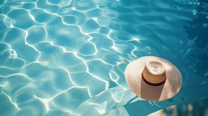 Sunny Leisure Concept with Vibrant Blue Pool and Floating Sun Hat, Ideal for Branding